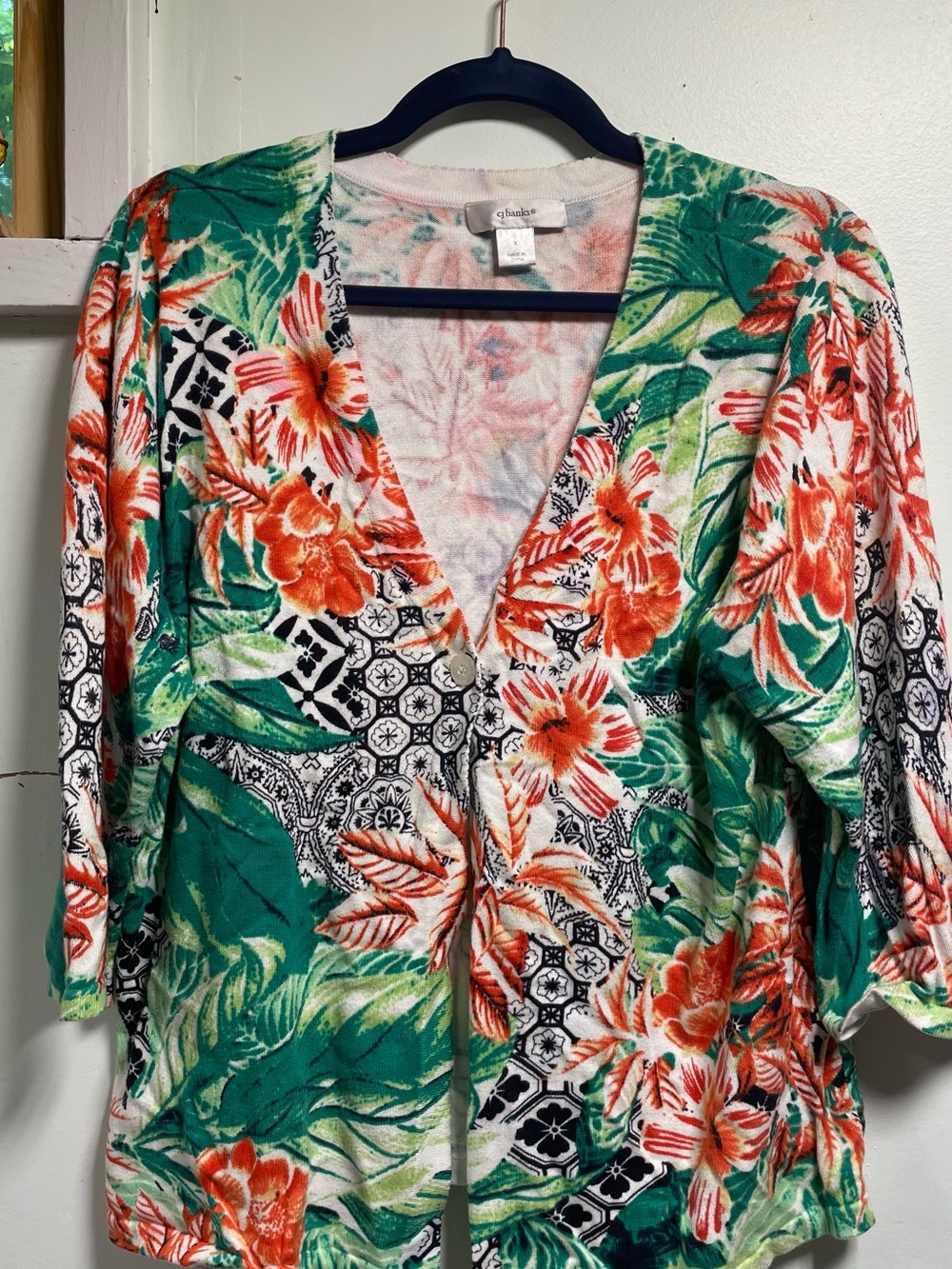 CJ Banks Tropical Floral V-Neck Cardigan — Green & Orange & Black